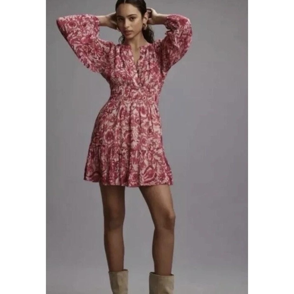 Anthropologie Somerset Mini Dress Womens 1X Pink Floral Ruffle Boho V Neck